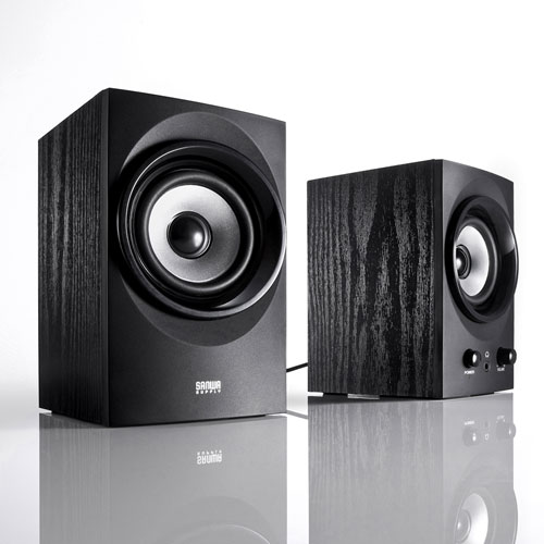 ハイパワーUSBスピーカー(USB接続・木製・アンプ内蔵・コンパクト・最大25.6W・ブラック）