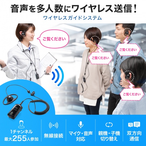 ワイヤレスガイドシステム（双方向・イヤホンマイク・業務用・ツアーガイド・ガイドレシーバー・ホテル・イベント・ホテル・講義・工場見学・病院・インカム・軽量・充電式・電波法）MM-WGS4 サンワサプライ