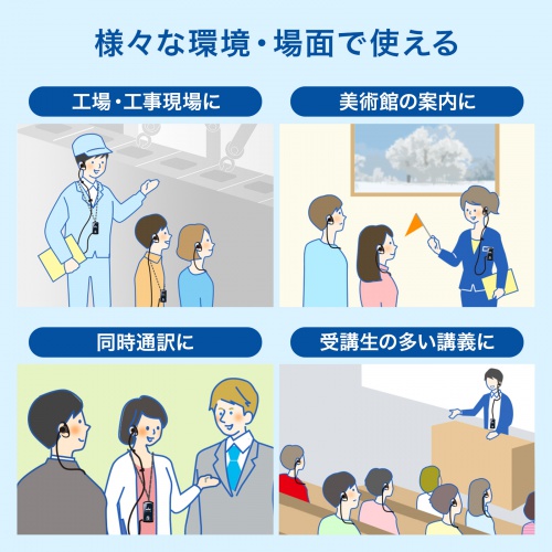 ワイヤレスガイドシステム（双方向・イヤホンマイク・業務用・ツアーガイド・ガイドレシーバー・ホテル・イベント・ホテル・講義・工場見学・病院・インカム・軽量・充電式・電波法）MM-WGS4 サンワサプライ