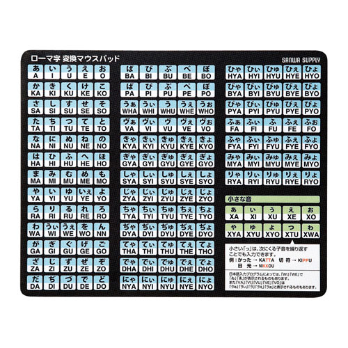 大きな文字で読みやすい光学・レーザー対応のローマ字マウスパッド（ローマ字、大、ブルー） MPD-OP17RL8BK サンワサプライ