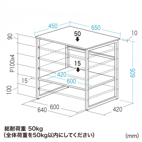 机上ラック（プリンター台・卓上・中棚付き・スチール製・耐荷重50㎏・レーザープリンター設置・幅65cm・奥行45cm・キーボード収納） サンワサプライ