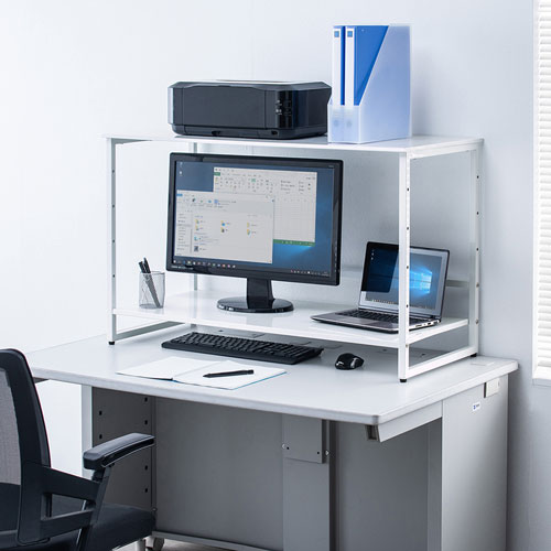 机上ラック（モニター台・中棚付き・ワイド・スチール製・ 耐荷重50㎏・大型モニター・レーザープリンター設置・幅98cm・奥行45cm・プリンター台） サンワサプライ