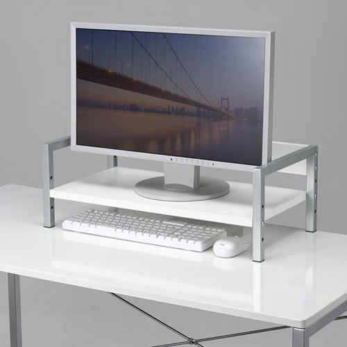 机上液晶モニタスタンド（3段階高さ調整・幅59.5cm・奥行30cm・キーボード収納・書棚・ホワイト）