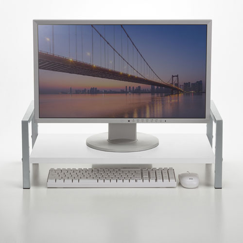 机上液晶モニタスタンド（3段階高さ調整・幅59.5cm・奥行30cm・キーボード収納・書棚・ホワイト）