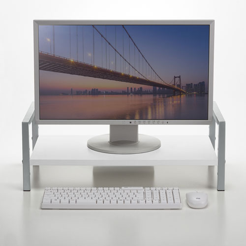 机上液晶モニタスタンド（3段階高さ調整・幅59.5cm・奥行30cm・キーボード収納・書棚・ホワイト）