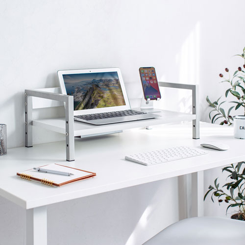 机上液晶モニタスタンド（3段階高さ調整・幅59.5cm・奥行30cm・キーボード収納・書棚・ホワイト）