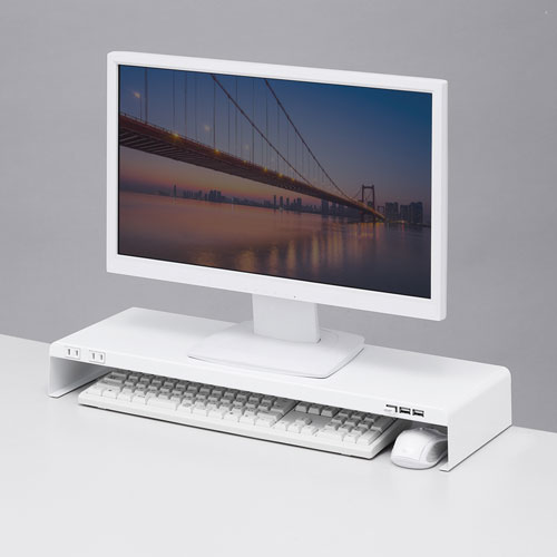 モニター台（机上ラック・卓上・幅60cm・奥行20cm・スチール・白・USB・電源・コンセント・キーボード収納 ） サンワサプライ MR-LC202WN