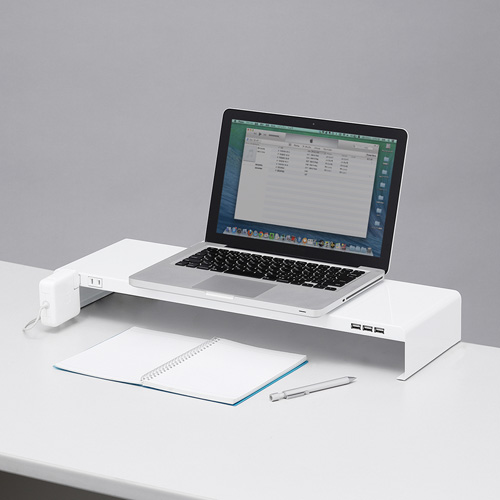 モニター台（机上台・卓上・コンセント・USBポート付き・ホワイト・幅60cm・奥行20cm・充電・スマホ同期・スチール製） サンワサプライ