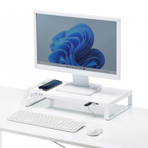 モニター台（机上・コンセント・USB・幅50cm・奥行25cm・スチール製・白・コンパクト・おしゃれ) MR-LC204WN サンワサプライ