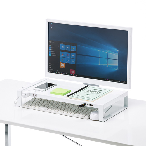 サンワサプライ モニター台 電源タップ USBハブ付 MR-LC204W 白 モニター台（電源タップ・USBハブ・机上・卓上・ラック・幅50cm