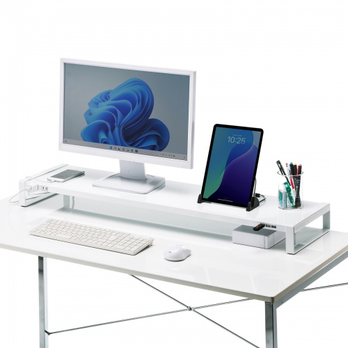 モニター台（机上ラック・卓上・幅100cm・ロング・奥行25cm・スチール・白・USB・電源・コンセント・キーボード収納 ） サンワサプライ MR-LC206WN