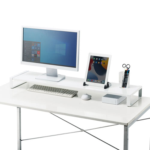 モニター台（机上ラック・卓上・幅100cm・ロング・奥行25cm・白・スチール天板・スマホ・タブレット・ノートパソコン・プリンタ・キーボード収納） サンワサプライ MR-LC209WN