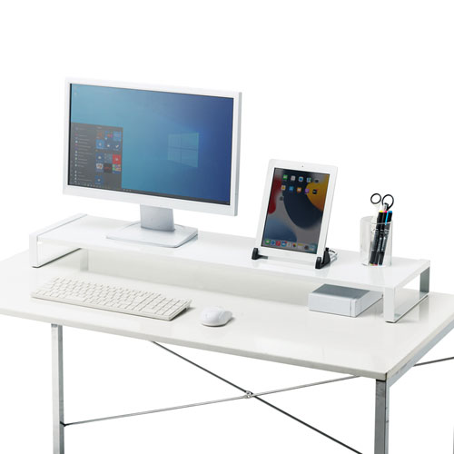 モニター台（机上ラック・卓上・幅100cm・ロング・奥行25cm・白・スチール天板・スマホ・タブレット・ノートパソコン・プリンタ・キーボード収納） サンワサプライ MR-LC209WN