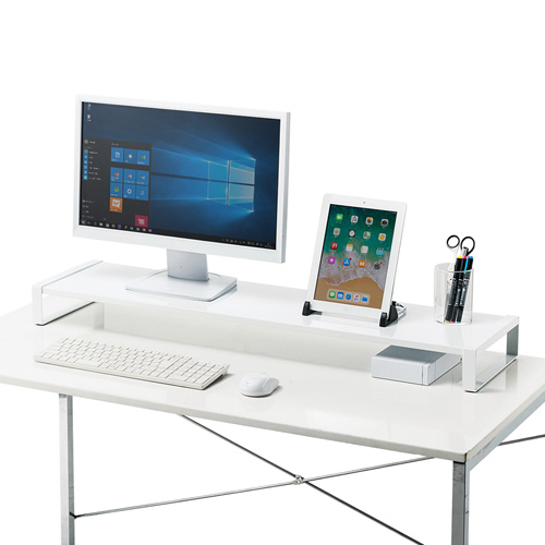 モニター台（机上台・卓上・ホワイト・スチール製・ワイド・幅100cm・奥行25cm・大型モニター対応・すぐに使える完成品） サンワサプライ