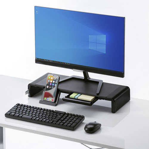 モニター台（USBハブ付き・USB Type-C搭載パソコン用・引き出し付・幅3段階調整対応・机上ラック・ブラック） MR-LC210CHBK