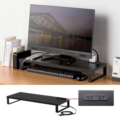 モニター台 ACコンセント付き（幅60cm・奥行き24cm・木製・モニター下収納・机上台・ブラック）MR-LC212BK