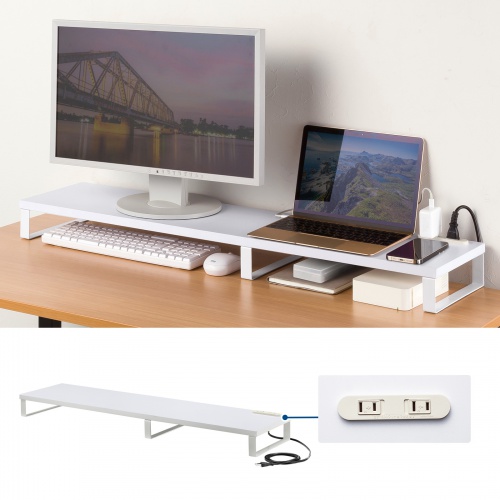 モニター台 （ACコンセント付き・幅100cm・奥行き24cm・木製・モニター下収納・机上台・ホワイト） MR-LC213W