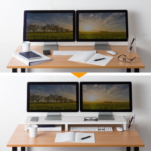 モニター台（幅100cm・奥行24cm・木製天板使用・シンプル・スリムタイプ・机上ラック・机上台・ホワイト） MR-LC314W