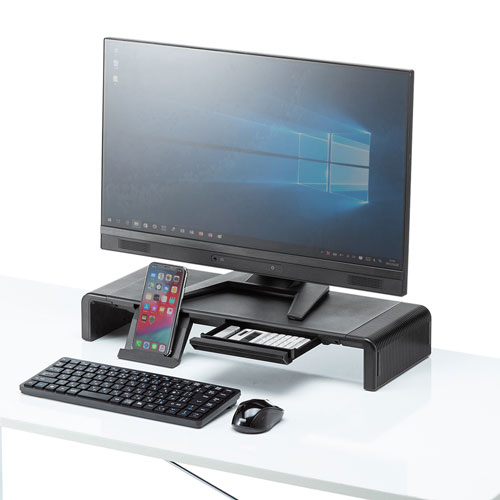 モニター台（机上ラック・卓上・黒・引き出し・スマホスタンド・ノートパソコン・幅調整・キーボード収納・プラスチック ） サンワサプライ MR-LC804BK
