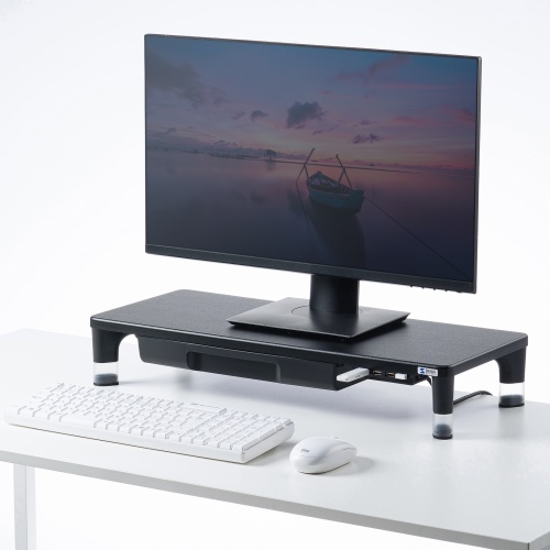 モニター台（机上ラック・卓上・引き出し・幅59cm・木製天板・USB・高さ調整・黒・キーボード収納 ・おしゃれ） サンワサプライ MR-LC805BK