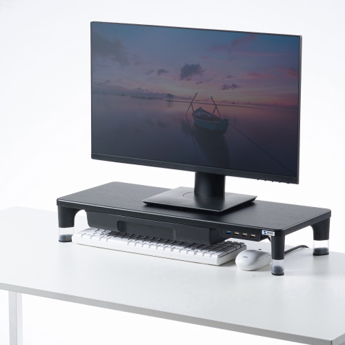 モニター台（机上ラック・卓上・引き出し・幅59cm・木製天板・USB・高さ調整・黒・キーボード収納 ・おしゃれ） サンワサプライ MR-LC805BK