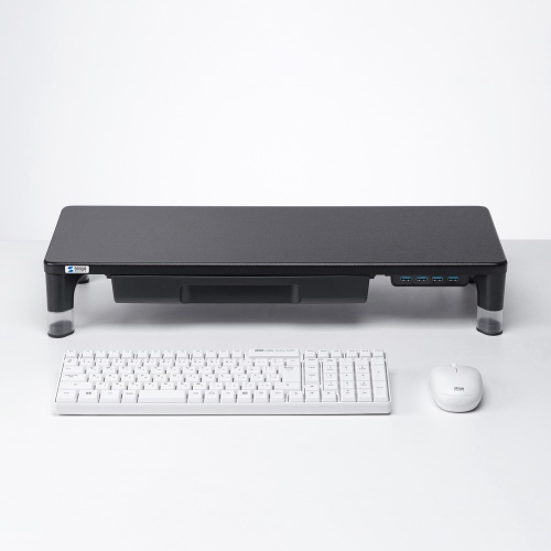 モニター台（机上台・幅59cm・引き出し・USBハブ・USB A×4・高さ2段階調整・モニター下収納・A4収納対応・ブラック）