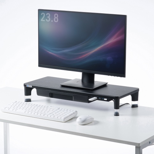 モニター台（机上台・幅59cm・引き出し・USBハブ・USB A×4・高さ2段階調整・モニター下収納・A4収納対応・ブラック）