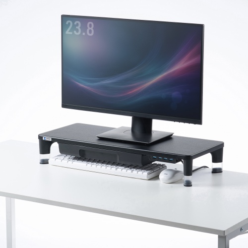 モニター台（机上台・幅59cm・引き出し・USBハブ・USB A×4・高さ2段階調整・モニター下収納・A4収納対応・ブラック）