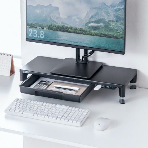 モニター台（机上台・幅59cm・引き出し・USBハブ・USB A×4・高さ2段階調整・モニター下収納・A4収納対応・ブラック）