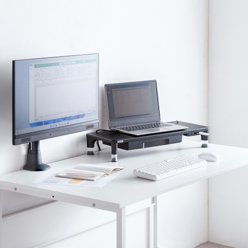モニター台（机上台・幅59cm・引き出し・USBハブ・USB A×4・高さ2段階調整・モニター下収納・A4収納対応・ブラック）