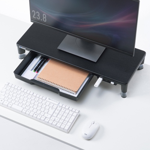モニター台（机上台・幅59cm・引き出し・USBハブ・USB A×4・高さ2段階調整・モニター下収納・A4収納対応・ブラック）