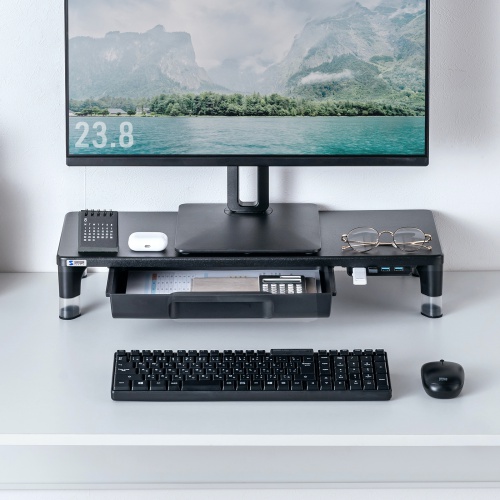 モニター台（机上台・幅59cm・引き出し・USBハブ・USB A×4・高さ2段階調整・モニター下収納・A4収納対応・ブラック）