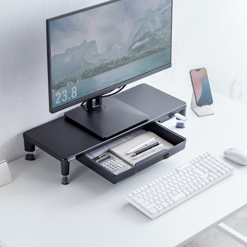 モニター台（机上台・幅59cm・引き出し・USBハブ・USB A×4・高さ2段階調整・モニター下収納・A4収納対応・ブラック）