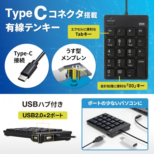 テンキー（USB・Type-Cコネクタ・USB2.0ハブ付き・アイソレーションタイプ・ブラック） NT-18CUHBK サンワサプライ