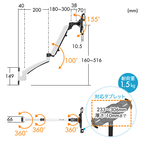 iPadアームスタンド（壁面用・7～11インチタブレット対応・水平垂直