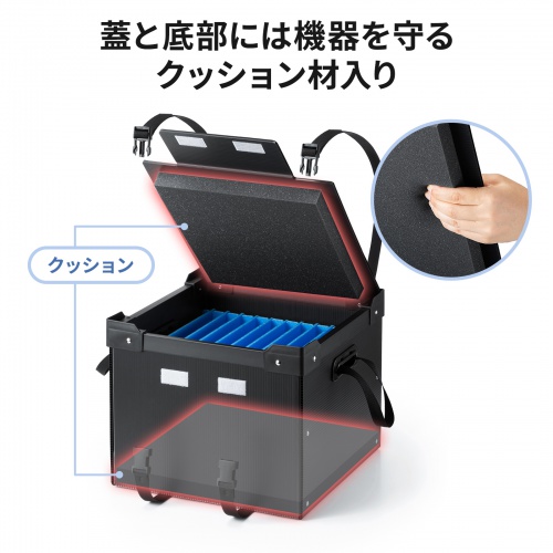 タブレット・ノートパソコン保管庫（蓋・ベルト付き・収納庫・収納ボックス・10台収納・学校やオフィスで一括管理・プラダン製）