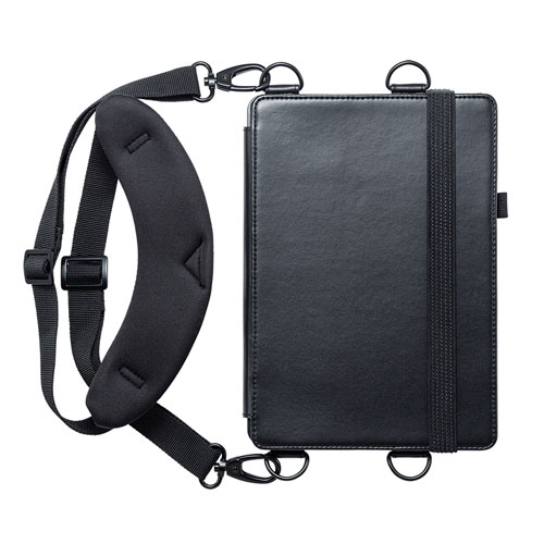 iPad ケース(第7世代・10.2インチ用・ショルダーストラップ・スタンドタイプ・ペンホルダー付き・ブラック)