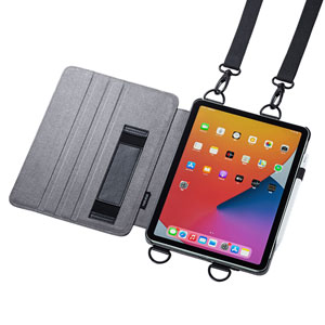 【訳あり 新品】ショルダーベルトケース（iPad Air 2020対応・スタンド機能付き・背面カメラ対応・ブラック）