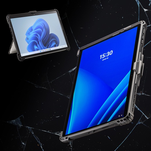 Surface Pro 第11世代/10/9用 耐衝撃ケース（スタンド/ショルダーベルト/ハンドベルト 付き・キーボード / ペンを取り付け可能・クリア素材・ブラック）