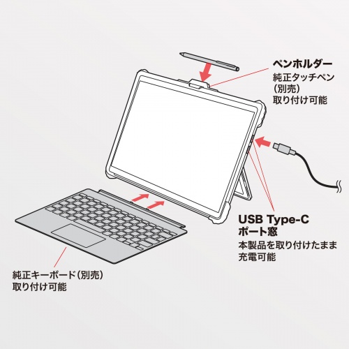 Surface Pro 12インチ用 耐衝撃ケース ハンドベルト ショルダーベルト スリムペン 純正キーボード 対応 キックスタンド