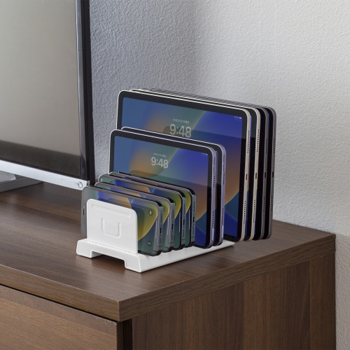 タブレット・スマートフォン用スタンド（整理整頓グッズ・10台収納・連結可能・ホワイト）PDA-STN20WN