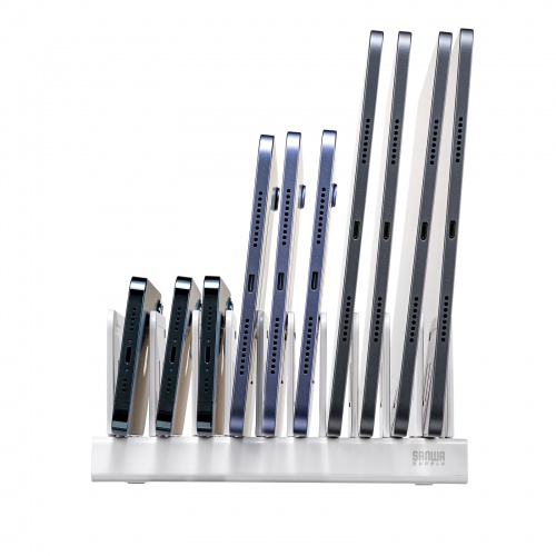 タブレット・スマートフォン用スタンド（整理整頓グッズ・10台収納・連結可能・ホワイト）PDA-STN20WN