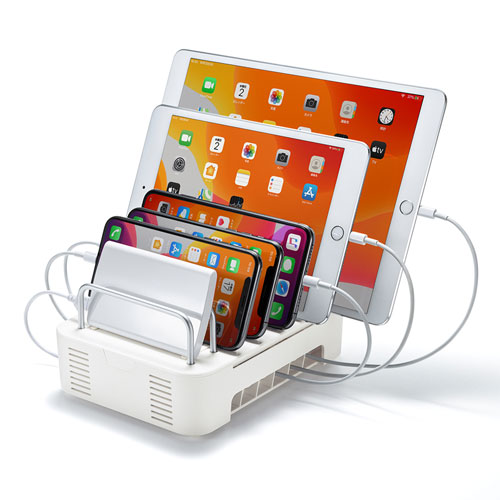 タブレット・スマートフォン用スタンド（充電器収納タイプ・滑り止めつき・ホワイト）