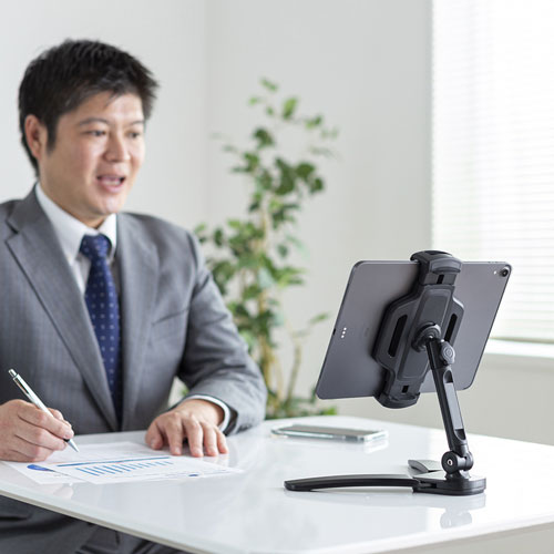 タブレットスタンド（スマートフォンスタンド・360°回転・オンライン・ブラック）