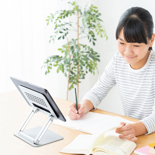 アルミスタンド（タブレット用・角度・無段階高さ調整タイプ・折りたたみ可能・アルミ） PDA-STN49S サンワサプライ