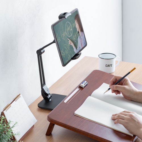 タブレット用アームスタンド（スマートフォンスタンド・2関節アーム・360°回転・ペントレー付き）