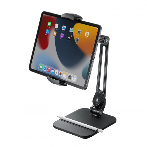 タブレット用アームスタンド（スマートフォンスタンド・2関節アーム・360°回転・ペントレー付き）