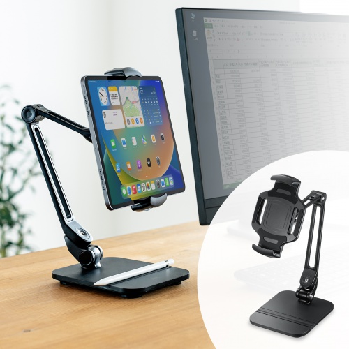 タブレット用アームスタンド（スマートフォンスタンド・2関節アーム・360°回転・ペントレー付き）