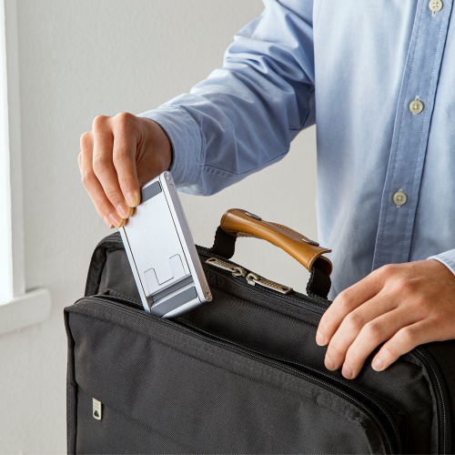 モバイルスタンド（折りたたみ式・超薄型9mm・アルミ製・冷却・無段階角度調整・持ち運び・タブレット・スマホスタンド・シルバー）