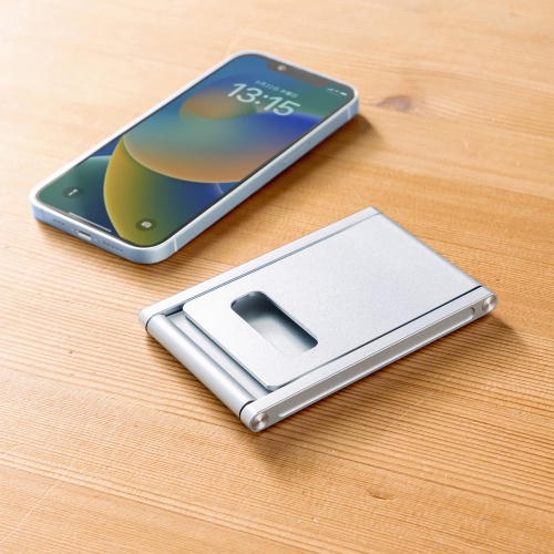 モバイルスタンド（折りたたみ式・超薄型9mm・アルミ製・冷却・無段階角度調整・持ち運び・タブレット・スマホスタンド・シルバー）